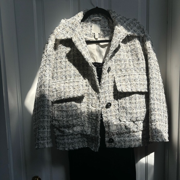 H&M Tweed Textured-Weave White And Black Cropped Bomber Jacket Size XS - Picture 8 of 13